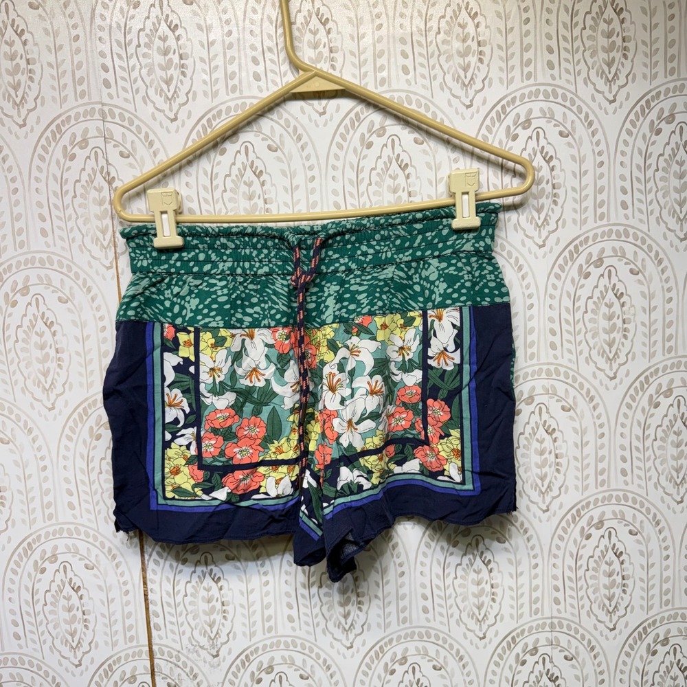 Hei Hei Shorts Womens Small Green Blue Floral‎ Scarf Print Rayon Anthropologie